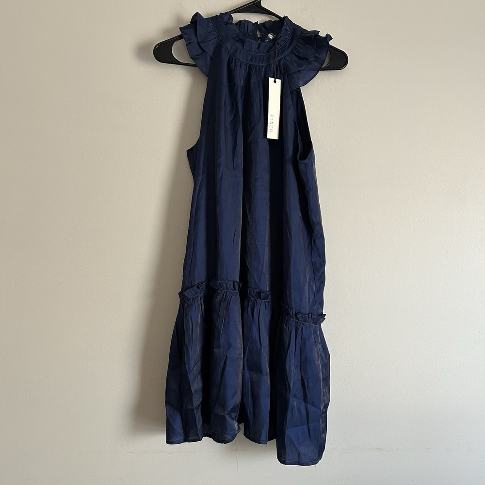 NWT Pinch Boutique Dress Small Navy Blue Ruffle Neck And‎ Trim Holiday Preppy